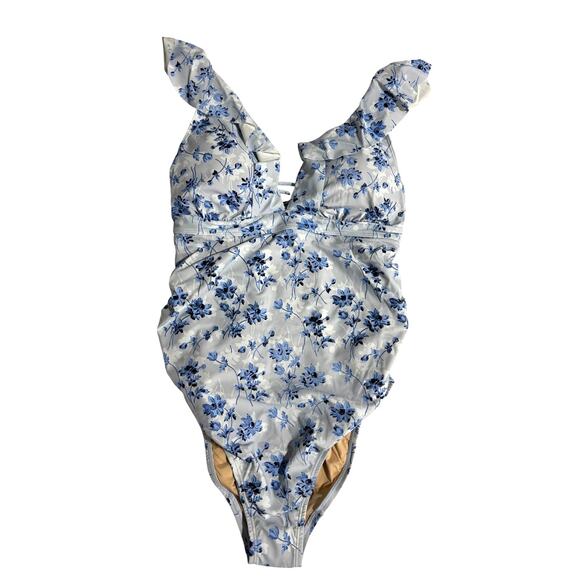 NWT A Pea In The Pod One Piece Swimsuit, Ruffle Strap, Lace Up Back, Floral, L - Picture 2 of 9